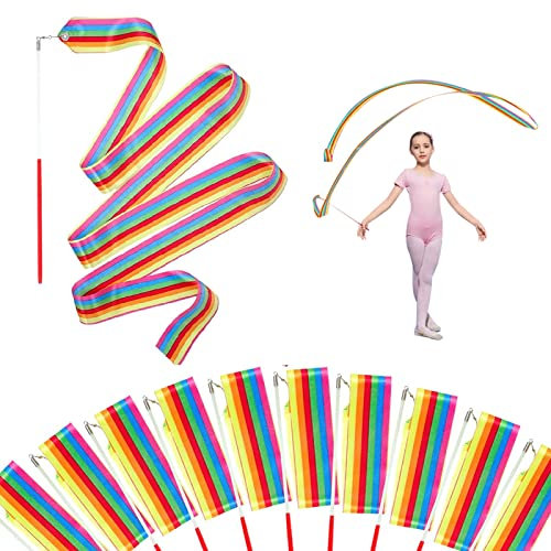 Alicer Regenbogen Tanzband, 10 Stück Tanzbänder Streamer Gymnastikbänder mit Drehbarem Stab, 2 Meter Rhythmikband für Kinder Künstlerisches Tanzen Baton Wirbelndes Training(Regenbogen gestreift)