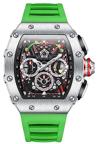 rorios Herren Tonneau Uhren Männer Analog Quarz Armbanduhren Multifunktional Chronograph Uhr Mode 50M wasserdichte Uhr mit Silikon Armband Silber grün