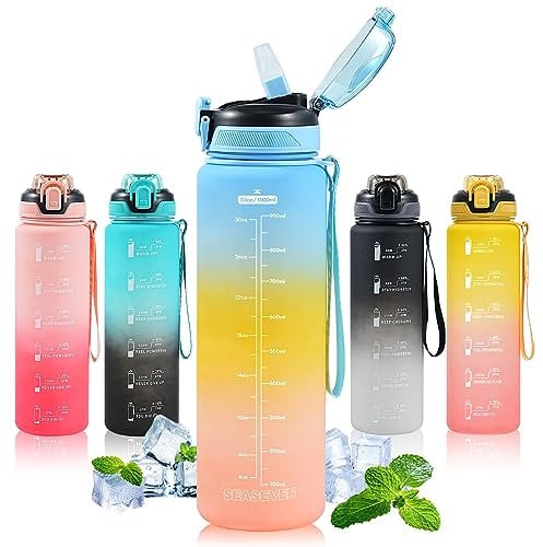 SEASEVEN Water Bottle with Straw 1L,Boys Water Bottles with Straw 1 Litre,Waterbottle Leak-Proof Sports Water Bottle,Plastic Drinks Bottles Toxin Free,Bpa-Free (Blue-Yellow-Pink)