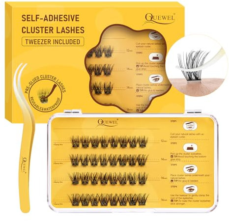 QUEWEL Pestañas autoadhesivas racimo de aspecto natural, sin necesidad de pegamento, extensiones de pestañas individuales, 32 unidades, reutilizables, para principiantes, fáciles de aplicar (ZN01)