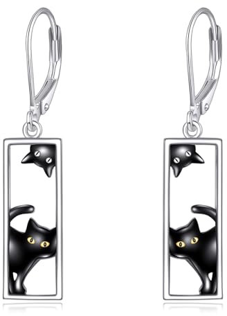POPLYKE Schwarze Katze Ohrringe Sterling Silber Schwarze Katze Hängend Ohrringe LeverBack Ohrring Schmuck Weihnachts Geschenke für Frauen(Rechteck)