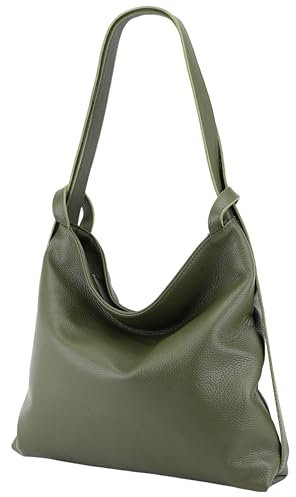 SH Leder 2in1 Handtasche Rucksack Damen Schultertasche DayPack CityRucksack aus Echt genarbt Leder (B 37cm x H 35cm) Rica G699 (Olivgrün)