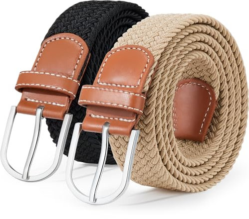 Yangbaga Stretchgürtel 2pcs Beige+Schwarz pro 105cm, Damen/Herren komfortabler elastischer geflochtener Stretch Gürtel für Damen und Herren