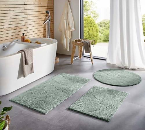 Taracarpet Badematte Homestyle rutschfest waschbar Badezimmerteppich Bad-Vorleger, WC Deko, Duschvorleger für Dusche und Badewannen sehr weich und als Set kombinierbar Grün Blätter 080x150 cm