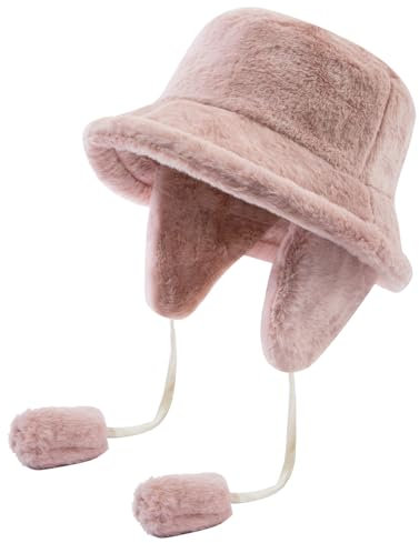 CLAPE Kunstpelz Fischerhut Damen Fluffy Bucket Hat Plüsch Eimer Hut mit Ohrenklappen Winddicht Breite Krempe Wintermütze Anglerhut