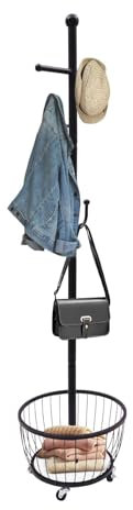 RjcdOPL Porte-manteau sur Pied avec Roue Mobile, Porte-manteau Autoportant avec Panier de Rangement, Forme de Cactus, 6 Crochets, Pour Couloir, Chambres à Coucher, Salons, Entrées (Noir)