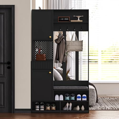 TIZZ Garderobenset, Komplett-Set Flurgarderobe mit Sitzbank, 4 Haken, Türen & Schubladen - Schwarz, 100×180×35 cm (B×H×T) Kompaktmaße