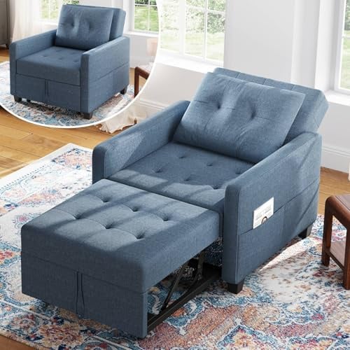 Vesgantti Schlafsessel mit Bettfunktion 3-in-1 Ausziehbares Schlafsofa Umwandelbarer Stuhl Bett Verstellbarer Einzelsessel mit Seitentasche, für kleinen Raum, Blau