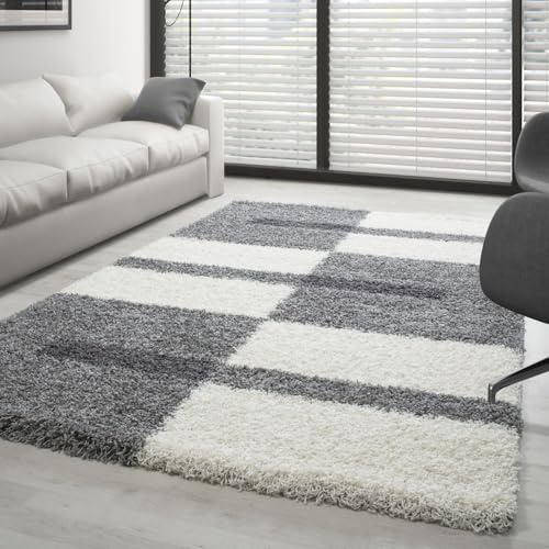 Carpettex Hochflor Teppich Wohnzimmer Shaggy Flokati Modern Kariert Design 160 x 230 cm Hellgrau - Schlafzimmer Weich Flauschig Waschbar - Küche Esszimmer Langflor Teppiche