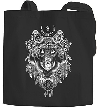 Jutebeutel Wolf Zentangle Boho Bohamian Baumwolltasche Stoffbeutel lange Henkel Baumwolle Autiga® schwarz 2 lange Henkel