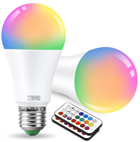 VARICART 10W Edison E27 Farbwechsel Glühbirne RGB LED Lampe, Dimmbar LED Glühbirne mit Fernbedienung, 12 Farbig + Kaltweiß 6000K, Dualer Speicher, 100W Gleichw. für Home Dekoration (2-er Pack)