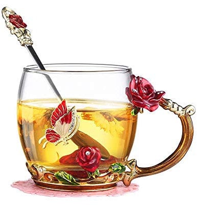 evecase Enamels Rose and Butterfly Flower Tea Cup/Coffee Mug with Spoon Set, Gifts for Women/Wife/Mum/Teacher/Friends,Mothers Day,Birthday Gifts for Women,Christmas