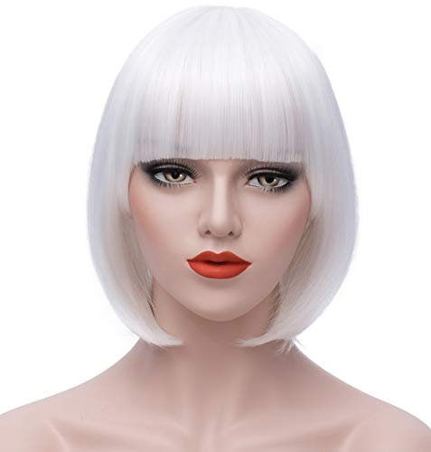 Mildiso Perücke Weiß Kurze Bob Damen Haar Perücken Gerade mit Flach Pony Synthetische Bunte Cosplay Tägliche Party Perücke für Frauen Natürliche Wie Wig 12 Zoll 002G