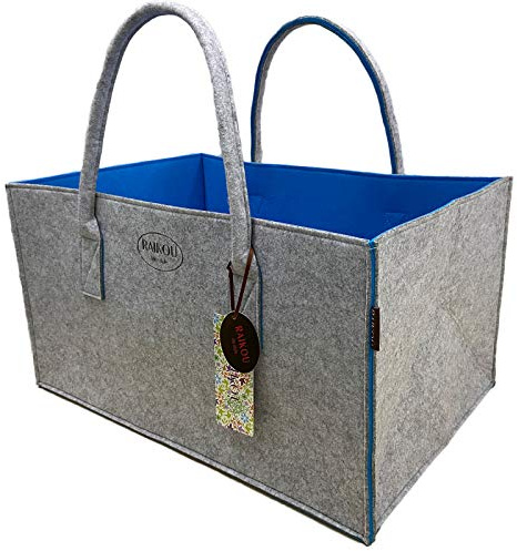 RAIKOU NEU Filztasche Shopper Holzkorb Einkaufstasche Henkeltasche Zeitungskorb Stabile Kaminholztasche Zeitungsständer auch für Spielzeug Garten Picknick Strand (Grau/Blau,50 * 25 * 25cm)