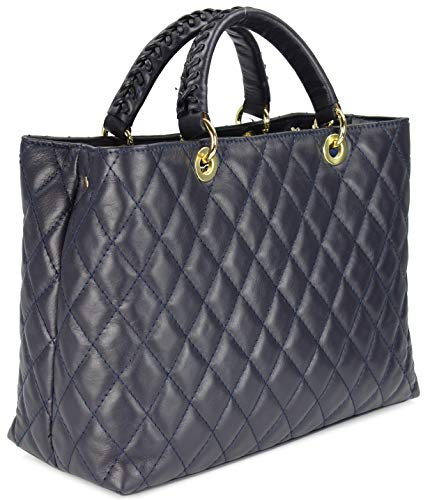 Belli edle italienische Echt Nappa Leder Damentasche Henkeltasche Umhängetasche gesteppt in blau blu - 34x25x17 cm (B x H x T)