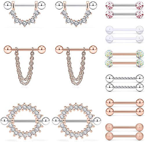 Zolure 14G Chirurgenstahl Klar CZ Brustwarzenpiercing Anhanger Kette Zunge Piercing Körper Schmuck für Frauen Männer 18 Stück Rosegold