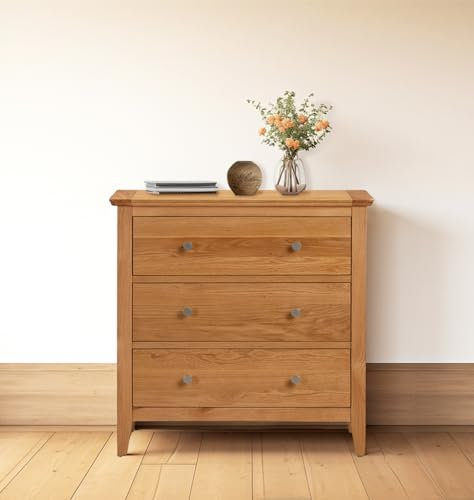 Hallowood Furniture Hereford Oak Chest of Drawers, 3 Wooden Chest Drawers, Small Solid Light Oak Dresser for Bedroom, Living Room & Hallway, Fully Assembled Bedroom Furniture