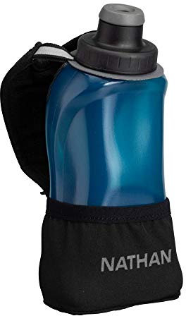 Nathan Running Handheld Quick Squeeze. No-Grip Adjustable Hand Strap. 12oz / 18oz / Insulated. Reflective Hydration Water Bottle. (12oz, Black/Blue)