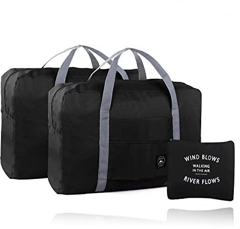 Faltbare Reisetasche, wasserdichte Handgepäcktaschen, geeignet für Sport, Fitnessstudio, Urlaub, 2 Pack, Schwarz