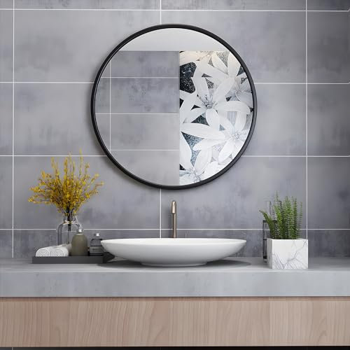 MIQU Badezimmerspiegel 70 x 70 cm Badspiegel ohne Beleuchtung Rund Spiegel Schwarz Metallrahmen Wandspiegel für Badezimmer, Wohnzimmer, WC 700mm