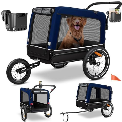 KESSER® Hundeanhänger Boxer 3-in-1 Hundebuggy & Jogger Fahrradanhänger groß ca. 240 Liter Volumen gefedert 600D Oxford Canvas SmartSpace Concept max. 40 kg inkl. Getränke & Smartphone-Halter Navyblau