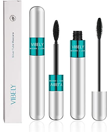 2PCS Fiber Lash Mascara 4D Silk 2 in 1 Mascara Natural Lengthening and Thickening Effect No Clumping Waterproof Smudge-Proof Black