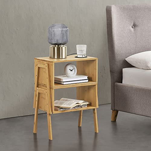 [en.casa] Lot de 2 Tables de Nuit Empilables Set de Table d'Appoint Ensemble de Chevet avec Etagères Petit Rangement pour Chambre Bambou 42 x 44 x 29 cm Naturel