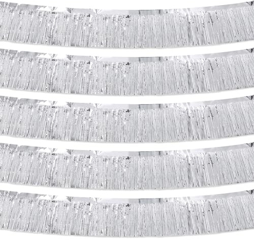 5 Stück 3 m Silberfolie Fransen Girlande, Wandbehang Lametta Fransen Banner, Metallic Lametta Luftschlangen für Parade Floats Geburtstag Party Dekorationen Halloween Weihnachten Dekorationen (Silber)