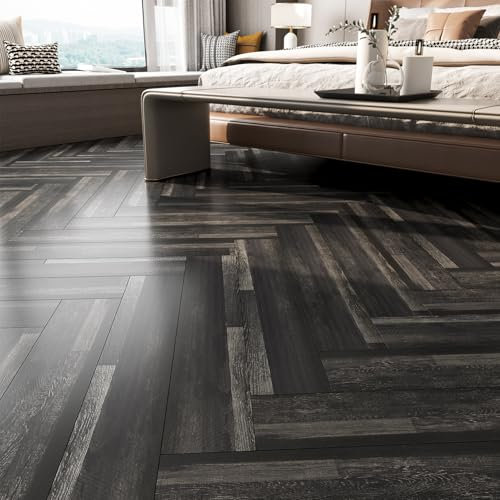 FunStick 90×15CM 35 Piastrelle Adesive Pavimento Nero Adesivi per Piastrelle Effetto Legno Pannello Rivestimento Pavimento Adesivo Bagno Garage Nero Effetto Legno Mattonelle Linoleum Adesive Cucina