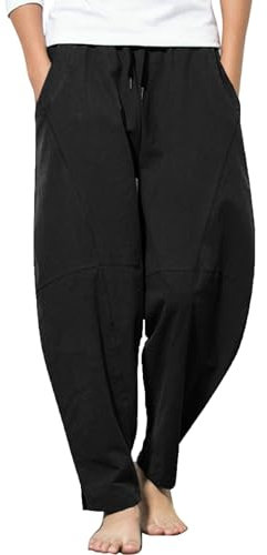 COOFANDY Pantalones de Lino para Hombre Ligeros Pantalones Casuales de Verano Pantalones con Cintura Elástica Cordón Ajustable y Bolsillos Negro L