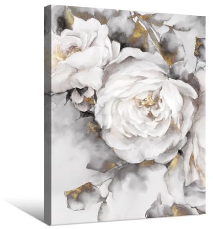 Floral Wall Decor White and Grey Blooming Rose Flower with Gold Canvas Wall Art Neutral Flower Picture Framed Modern Artwork for Bedroom Livingroom Home 24x36Inch