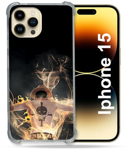 Cokitec Verstärkte Schutzhülle für iPhone 15 (6,1 Zoll), Manga One Piece Ace, Schwarz