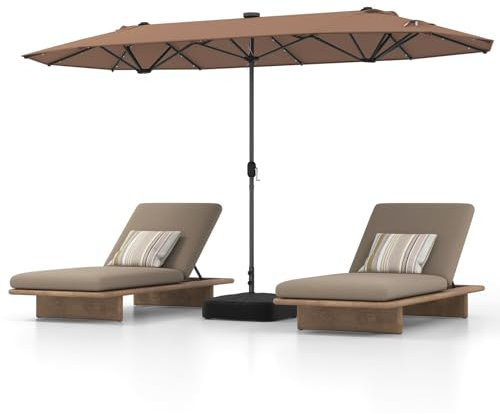 RELAX4LIFE Ombrellone da Giardino 4 x 2 M con Luci LED, Ombrellone Parasole Doppio con Base, Apertura Manovella, Ombrellone da Esterno per Patio, Terrazzo, Balcone e Ristorante (Marrone, 36 Luci)