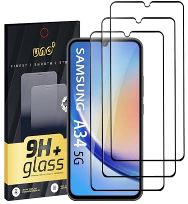UNO' - 3 Und, Protector de Pantalla para Samsung A34 5G (6.6), Vidrio Templado 9H, Cobertura Completa con Bordes Curvos, Ultra Resistente, Transparente, Antiarañazos, Antihuellas, Sin Burbujas.