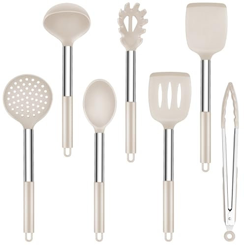 Onader Set di 7 utensili da cucina in silicone con manico in acciaio inox, set di utensili da cucina antiaderenti, sicuri per pentole, resistenti al calore e lavabili in lavastoviglie, kaki