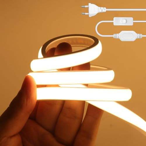 Wisada Striscia LED Neon COB 220V, IP65 Impermeabile Flessibile, 288LED/m 1m Striscia LED FCOB Bianco Caldo 3000K con Interruttore, Illuminazione Camera da Letto Cucina Soggiorno