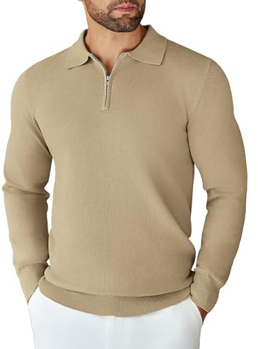 COOFANDY Men's Polo Jumper Zip Poloshirt Long Sleeved Sweater Khaki 3XL