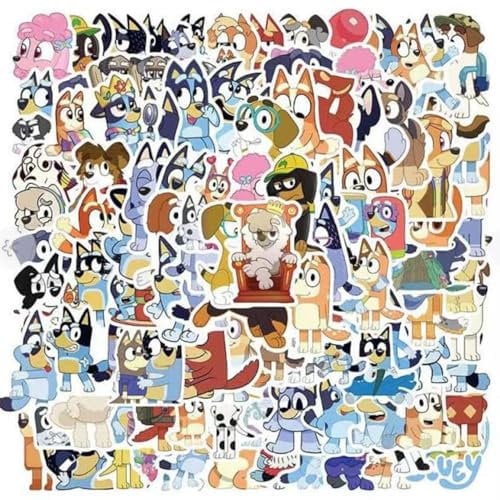 100 Bluey Stickers Colorful Aesthetic VSCO Vinyl/PVC Waterproof Decals for Water Bottle, Hydroflask, Guitar, Luggage, Phone, Case, Laptop, Skateboard, Gift for Kids, Teens, Boys and Girls