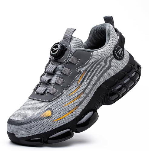 GemChve Scarpe Antinfortunistiche Uomo Donna Leggere Traspiranti Sneakers Antiscivolo Scarpe Sicurezza con Punta in Acciaio Regolazione Rapida dei Lacci Grey 44 EU