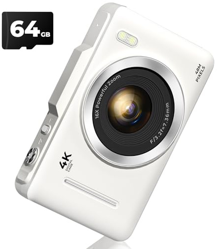 kiisda Appareil photo numérique FHD 1080p pour enfants avec carte SD de 64 Go, zoom 16x, anti-tremblement, petit appareil photo compact pour adolescents, adultes, débutants, idée cadeau de Noël