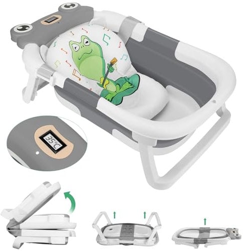 Bañera Plegable Bebé con Termómetro, Bañera Bebe con Almohadilla de Baño Antideslizante e Tapón de Ducha, Ergonómico, Ahorra Espacio, para Bebés de 0 a 36 Meses(rana)
