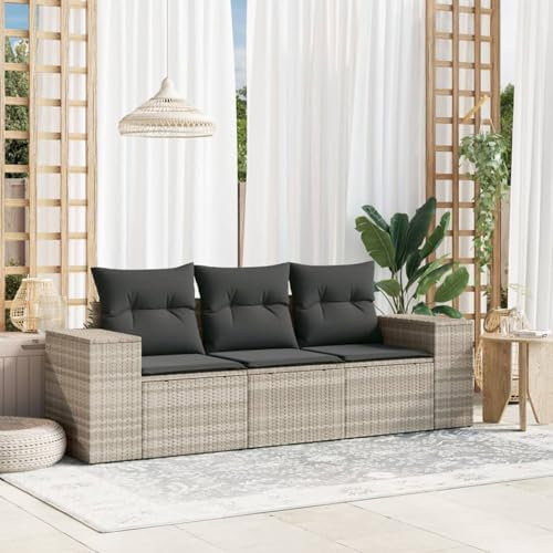 Homgoday Set aus 3254599 Sofabett, modernes Sofa-Set für den Außenbereich, Gartenmöbel, 3-teiliges Set mit hellgrauen Kissen, Polyrattan, Modell 3254599