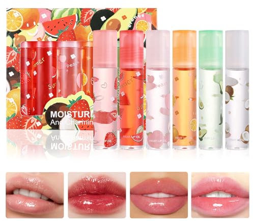 WishesMar 6 Stück Farblos Lip Glow Oil Fruity Moisturizing Lippenöl Durchsichtig Lipgloss für Pflegende Langanhaltend Glossy Lippen - Erdbeeren, Wassermelone, Pfirsiche, Orangen, Avocado, Kokosnuss