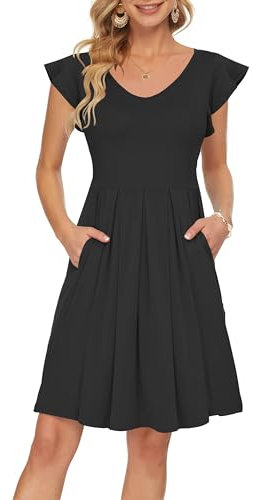 PLOKNRD Sommerkleid Damen V-Ausschnitt Midi Kleider mit Taschen Knielang Blütenblättern Kurzarm Freizeit Strandkleider Schwarz XXL