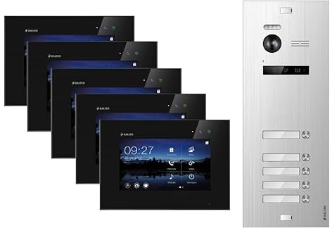 SCHUTZER Balter EVO 2-Draht Bus Video Türsprechanlage Komplettsystem mit 150° Weitwinkelkamera, 5 Klingeltasten 7 Touchscreen-Monitor (Silber/Schwarz ohne Wi-Fi, 5 Familienhaus)