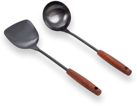Cabilock Cooking Spoon for Wok 1 Piece Stainless Steel Wooden Handle Spatula Kitchen Cooking Spoon for Soup Ladle