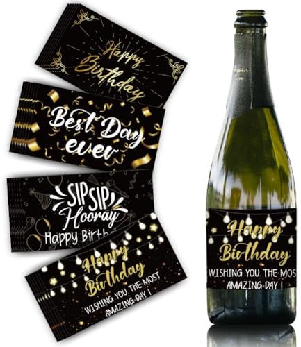 SUPERDANT 40PCS Happy Birthday Wine Bottle Label Stickers Black Gold Mini Champagne Labels Celebrating Adhesive Label Wine Bottle Decorations for Birthday Party Baby Shower 9x5CM