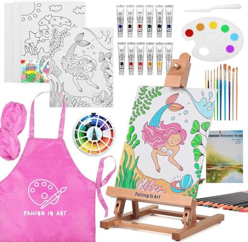 COOZEE Easel Set de 44 piezas de pintura con caballete de mesa, kit de pintura acrílica con 12 pinturas acrílicas, 12 lápices de colores, pinceles, placas de lienzo y bloc de acuarela para