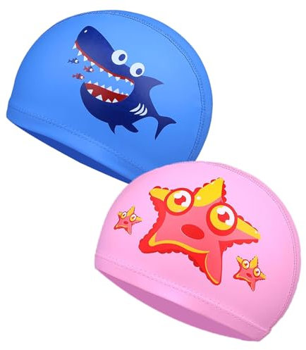 FOUNSHO 2 Pezzi Cuffie Piscina Bambino, Cuffia da Nuoto Cuffia Piscina Bambina, Elastico PU Cuffie da Bagno Antiscivolo, Impermeabile Cartoon Cuffia Nuoto Per Ragazzi Ragazze da 4 a 10 Anni (Blu+Rosa)