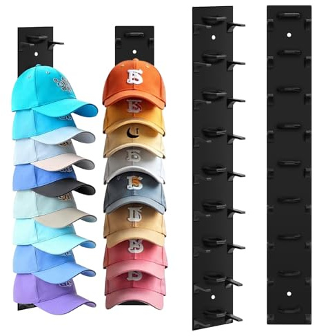 Hat Organizer for Baseball Caps, 2 Pack Hat Rack for Wall Hold up to 18 Hats Strong Adhesive Hat Hooks Stand Multilayer Hat Hanger Organizer Storage Holder Display for Door Closet Bedroom(Black)